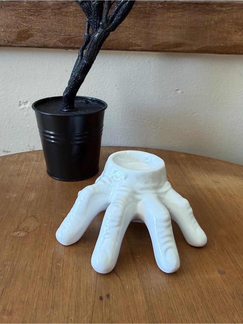 White Ceramic Halloween hand Candle Holder by